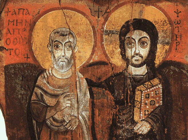 Jesus and Abba Menas. A 6th-century icon from the Monastery of Bawit in Middle Egypt, currently at the Louvre. It is one of the oldest icons in existence.