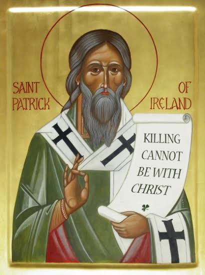 St. Patrick, Enlightener of Ireland. Quotation on the scroll is from the Epistola Ad Milites Coroti, one of the two remaining authentic  writings of St. Patrick (d. AD 432).