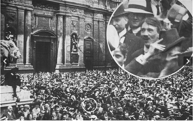 Adolf Hitler at a rally in the Munich Odeonsplatz to celebrate the declaration of war, August 2, 1914. It is the great deception of evil that it convinces people that once they choose it, they can control it.